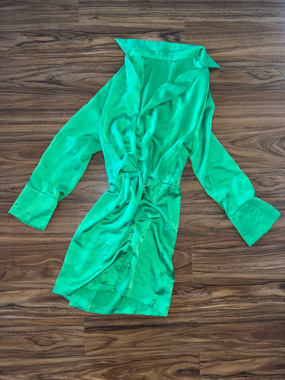 Emerald Green Button-Front Satin like shirt dress